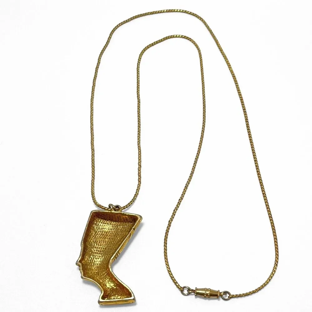 Vintage Egyptian Style Pendant Necklace Gold Tone Pharoah Nefertiti 1.5